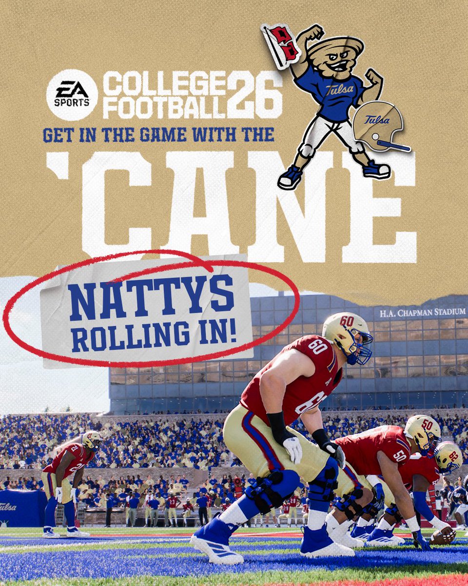 TulsaFootball's tweet image. Keep the Nattys coming!! 🏆
Who’s going to dominate with the ‘Cane next?
#ReignCane x @EASPORTSCollege