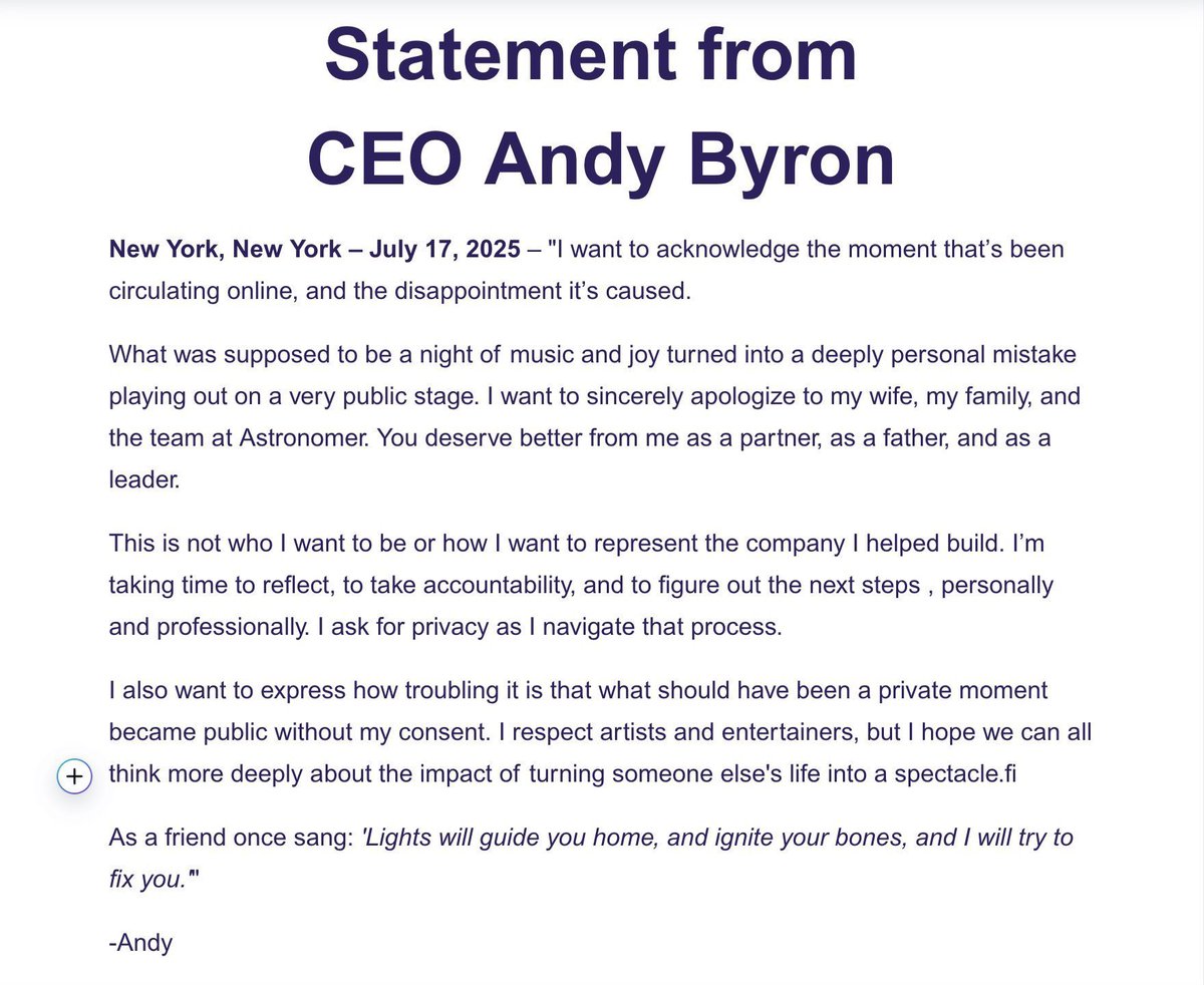 🚨Sigue el chisme! 

Dice Andy Byron, el CEO, que Coldplay hizo mal por compartir su momento privado y convertir su vida en un espectáculo público.

¿Qué opinan? 👀