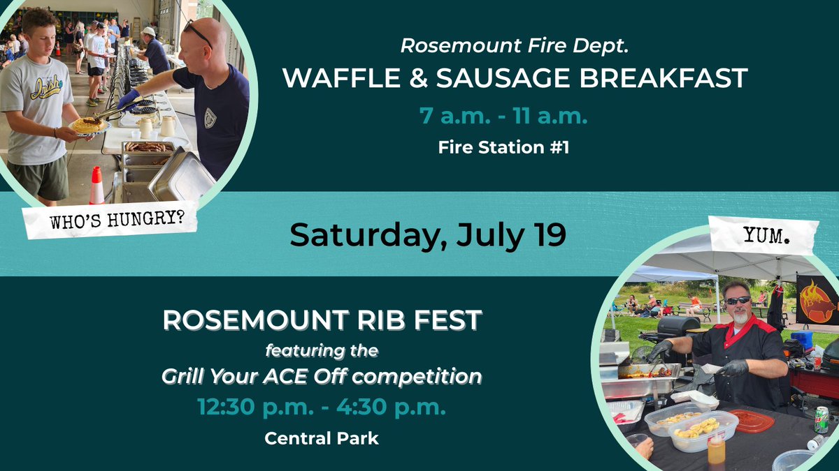 Events in Rosemount, MN on July 19 👀
🍽 Waffle &amp; Sausage Breakfast: 7-11AM, $10/ea,
Kids 5 and under = FREE, Cash/check only, 14700 Shannon Parkway. 
🔥Rosemount Rib Fest: Rib judging, food trucks, beverages, DJ, $10 = people's choice. Tickets are limited!
