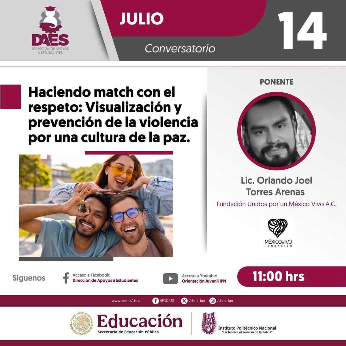 fundmexicovivo's tweet image. El 14 de julio se realizó el conversatorio "Haciendo match con el respeto: Visualización y prevención de la violencia por una cultura de la paz", que ya está disponible en youtube.com/watch?v=bUUwqK…
Aprende a identificar señales de alerta y a construir paz desde lo cotidiano. 💖