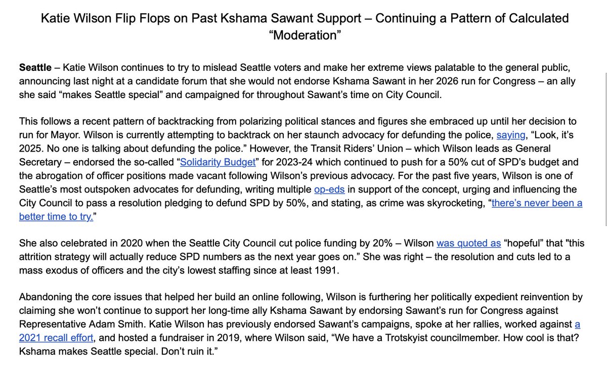 hannahkrieg's tweet image. INBOX: Harrell campaign slams progressive challenger Katie Wilson for "pattern of calculated moderation" because she said she would not endorse Kshama Sawant for Congress at a forum last night