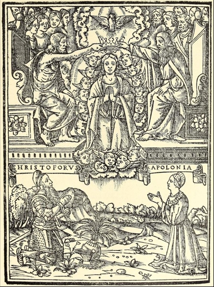 Krabath1's tweet image. The Coronation of the Blessed Virgin Mary, before whom kneel Croatian count Christoph Frankopan and his wife, Apollonia Lang von Wellenburg, from the breviary (prayer book) they published in Venice in 1518.