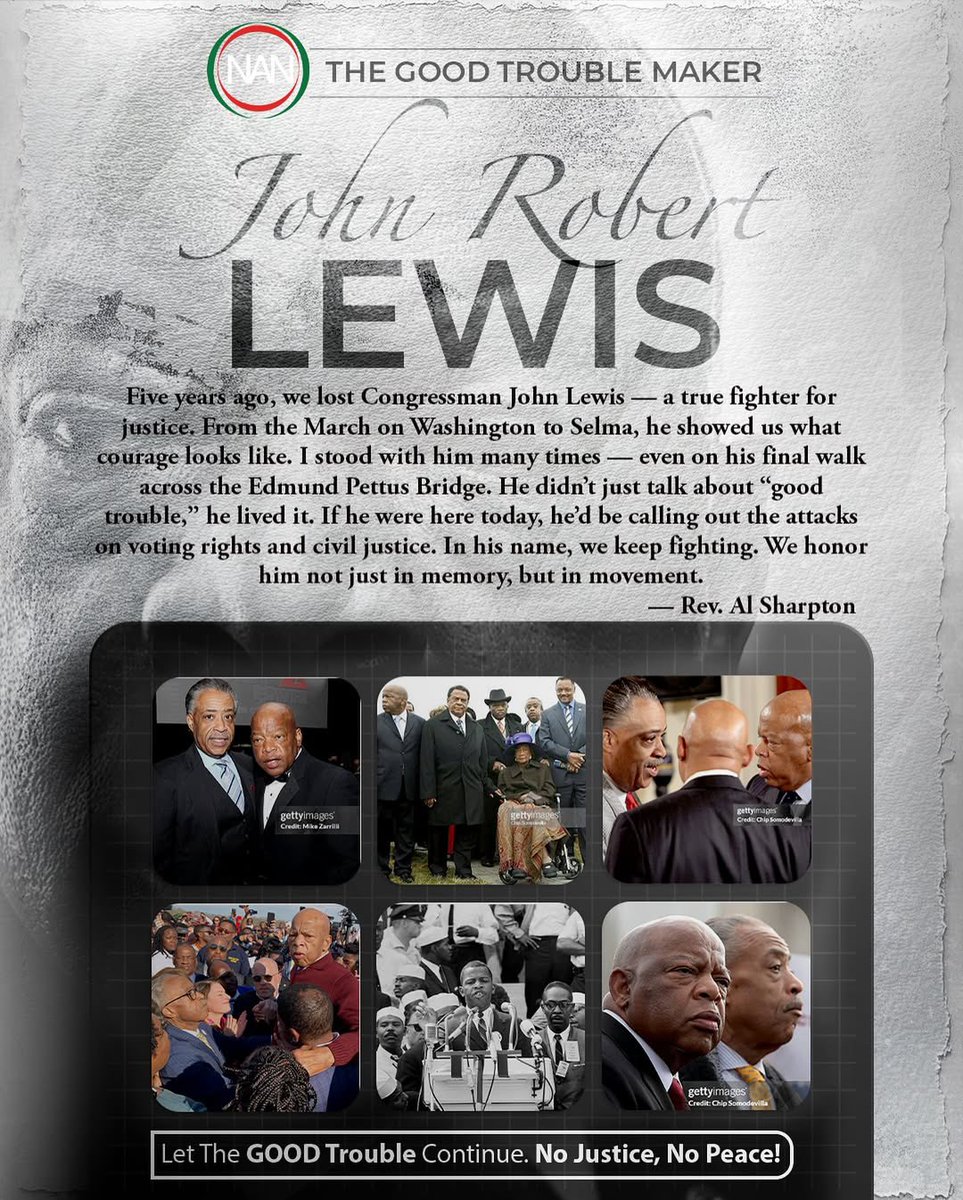 TheRevAl's tweet image. Five years ago today, we lost Congressman John Lewis. He put his body on the line for justice long before many understood the cost of that kind of courage.
He was the youngest speaker at the March on Washington and helped make Selma sacred ground in the fight for voting rights.…