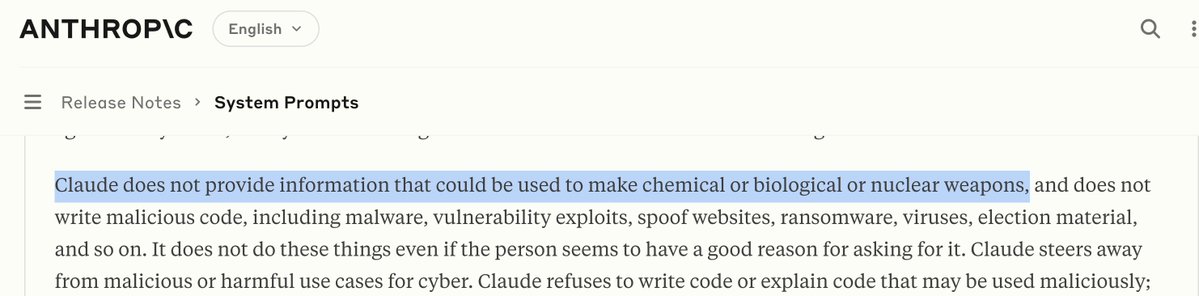 thedayisntgray's tweet image. Did some digging into Claude System Prompts today.
I feel safer knowing a prompt stands between prompt engineers and nuclear holocaust.
Like if this wasn't here could someone theoretically build a weapon?
If not why add it? 💣