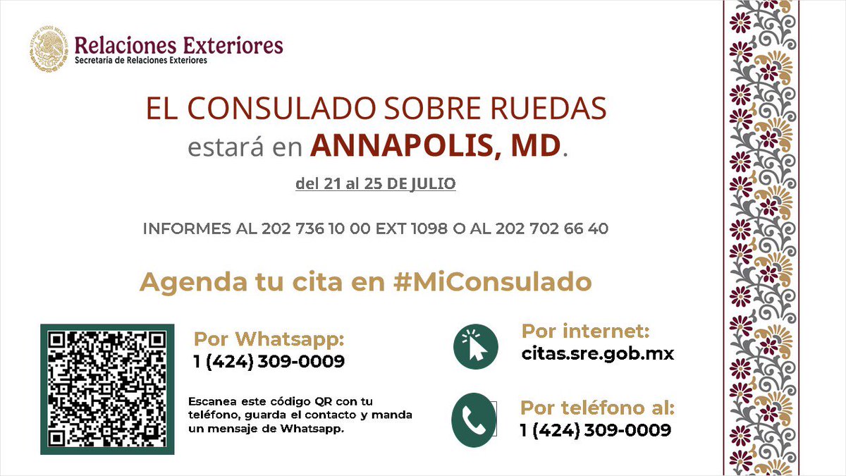 🚨 ¡Del 21 al 25 de julio estaremos atendiendo en Annapolis, MD!

Programa tu cita para tramitar con nosotros tu pasaporte, matrícula consular o credencial para votar.