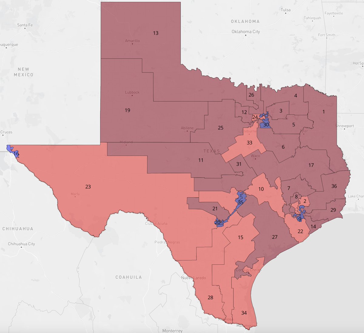 Redistrict's tweet image. New @CookPolitical: Just how many more seats could Republicans squeeze out of Texas? Possibly up to five, shifting the map from 25R-13D to 30R-8D (below). But not without a VRA lawsuit and disruption to existing GOP seats. Full analysis: cookpolitical.com/analysis/house…
