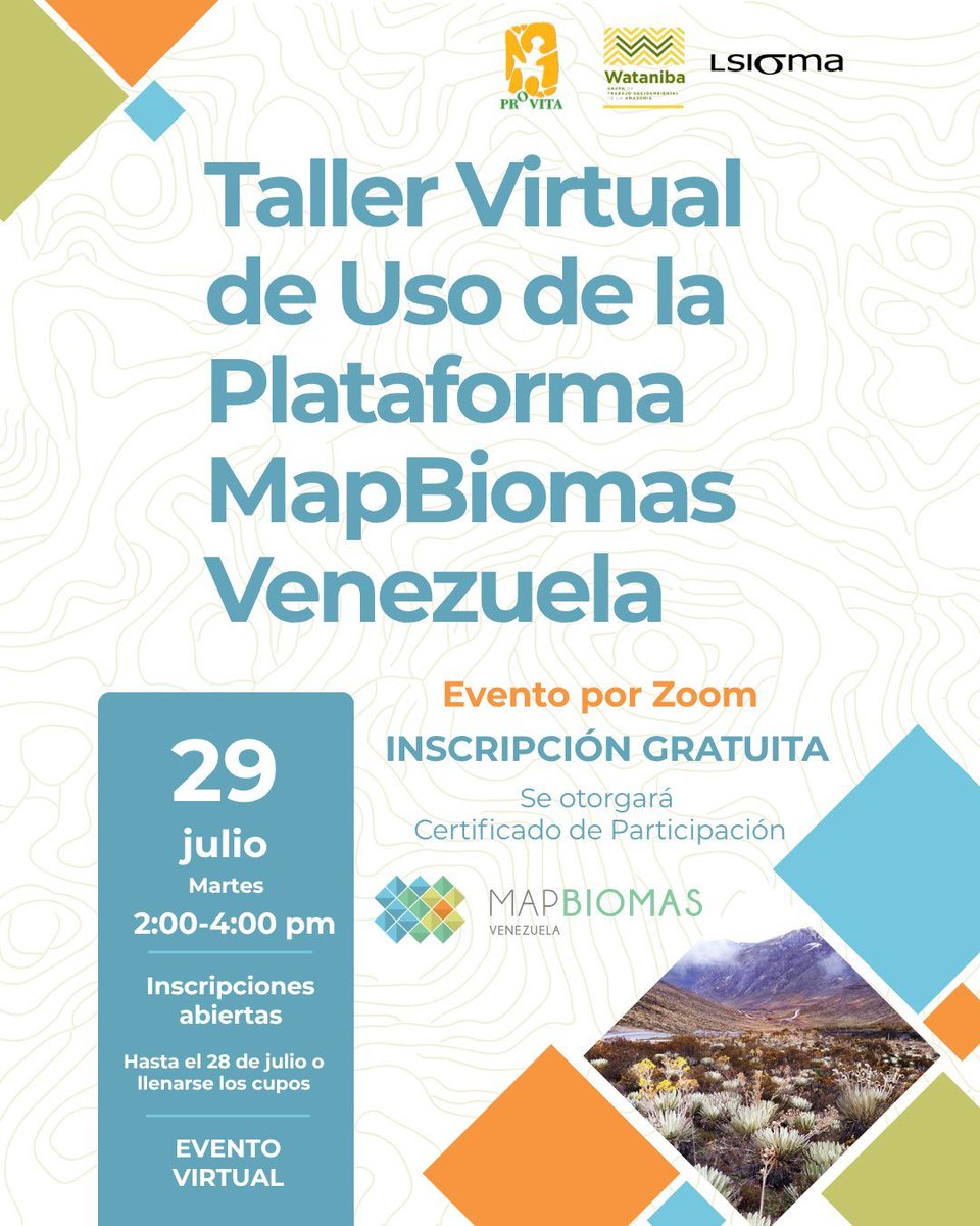 provita_ong's tweet image. 👉 ¡Los invitamos a participar en el taller virtual del Uso de la Plataforma MapBiomas Venezuela! 🛰️
💻 En la plataforma MapBiomas Venezuela encontrarás información que se adapte a las necesidades de todo tipo de usuarios.
🌎Este taller gratuito puede hacerlo cualquier persona…