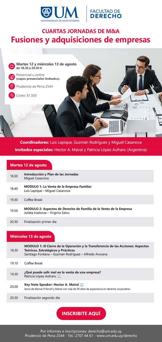Se vienen las 4tas Jornadas de M&amp;A de <a href="/UMderecho/">Derecho UM</a> 12 y 13 de agosto.
