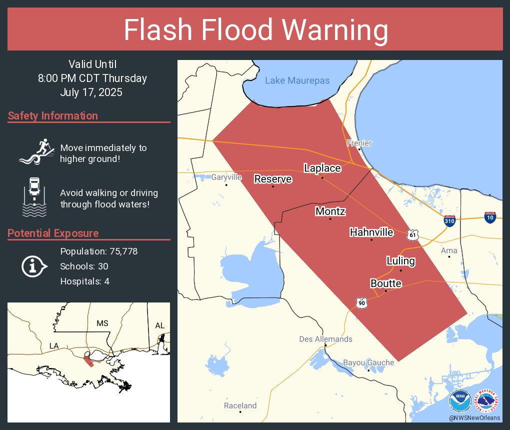 Flash Flood Warning including Laplace LA, Luling LA and  Destrehan LA until 8:00 PM CDT