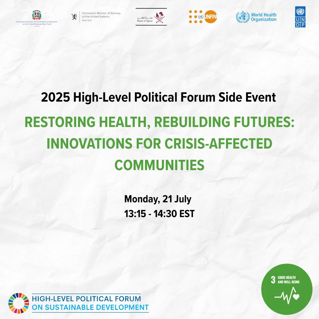 marcosathias's tweet image. SAVE THE DATE!📢
How can crisis-affected countries restore & strengthen health systems?
Join the high-level @UNDP #HLPF event: Restoring Health, Rebuilding Futures: Innovations for Crisis-Affected Communities
🗓️21 July
🕗13:15–14:30 EST
Register Now! bit.ly/45b20gw