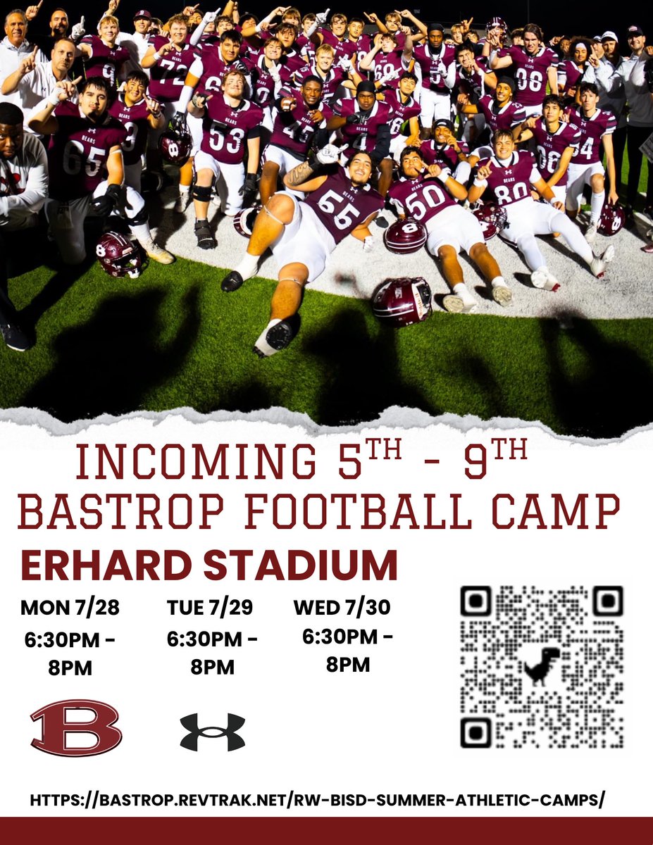 ram_moreno7's tweet image. 🔥Bastrop Bears Football Camp🔥
Incoming 5th - 9th grade Bears
July 28-30
Football drills, skills, & fundamentals delivered by coaching staff and elite returning Bastrop players. @Bastrop_Bears