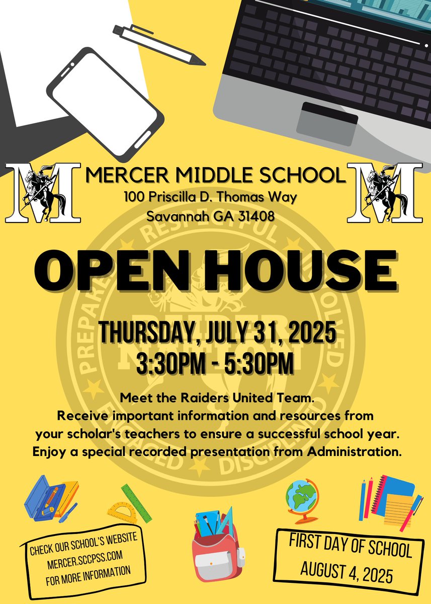 MMS_Raiders's tweet photo. On Thursday July 31, 2025 from 3:30pm – 5:30pm, Mercer Middle School will be hosting our Open House for the 2025-2026 school year. Parents and scholars will have an opportunity to receive information about their scholar's course schedule and meet with their grade-level teachers. https://t.co/nCyp8vuMvF