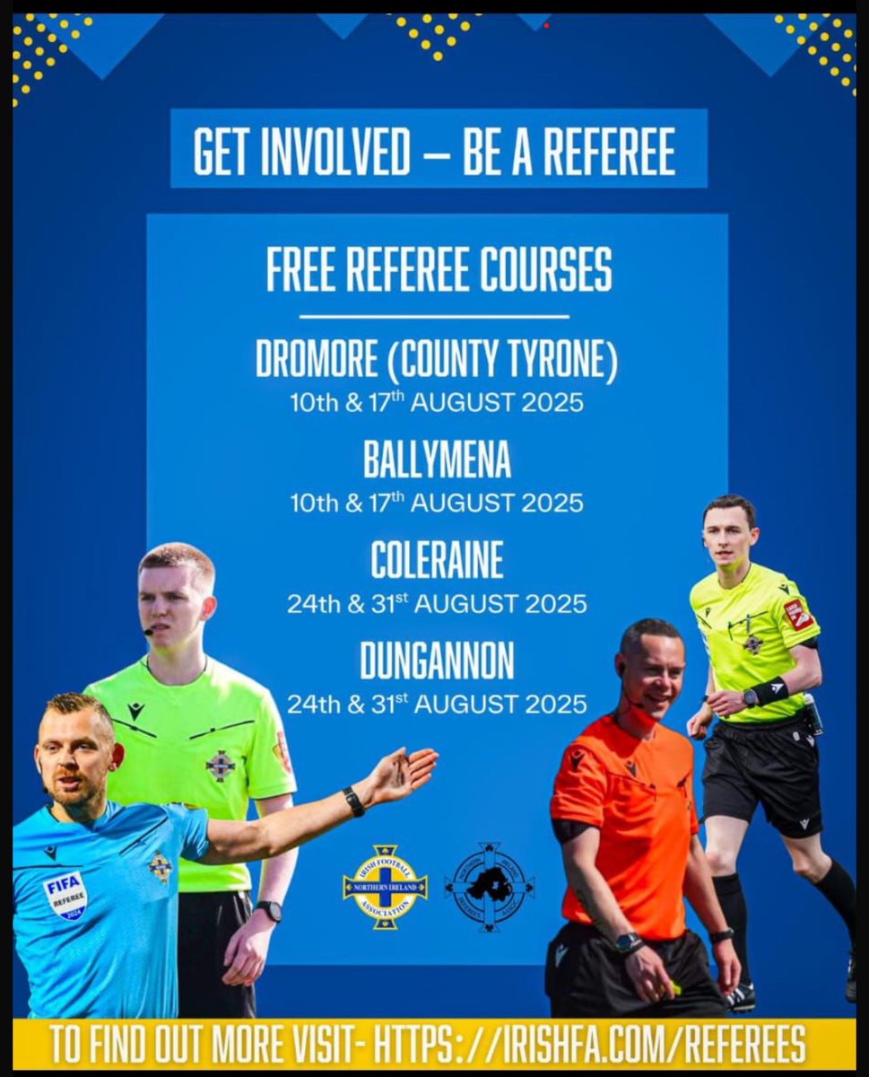 📈⚽️🤝 Why not give it a go and become a proper affiliated referee? Course details attached, there’s no cost, just head to the link below… start the journey and who knows, you could see yourself develop into a top official?! 🤝⚽️📈

irishfa.com/irish-football…
