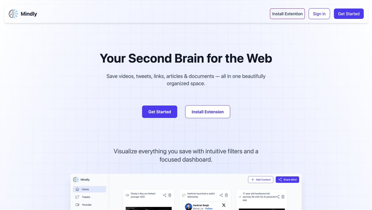 d_bala (@toxikbug) on Twitter photo 🔗 Project :
I’ve launched Mindly — Your Second Brain for the Web with CHROME EXTENSION SUPPORT for instant saving and dashboard access.
I would appreciate your feedback
appmindly.live
Chrome Extension:
chromewebstore.google.com/detail/mindly-…
<a href="/kirat_tw/">Harkirat Singh</a> <a href="/100xDevs/">100xDevs</a>
#buildinpublic 🔗 Project :
I’ve launched Mindly — Your Second Brain for the Web with CHROME EXTENSION SUPPORT for instant saving and dashboard access.
I would appreciate your feedback
appmindly.live
Chrome Extension:
chromewebstore.google.com/detail/mindly-…
<a href="/kirat_tw/">Harkirat Singh</a> <a href="/100xDevs/">100xDevs</a>
#buildinpublic