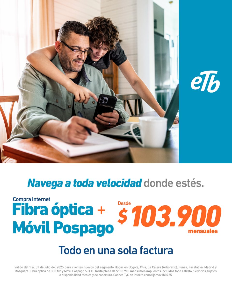 💡 Estés donde estés, tu conexión va contigo. Eso es estar realmente conectado. Activa tu Fibra óptica + Móvil Pospago ETB, ¡Pagando todo en la misma factura!
cutt.ly/yrUm3J1A