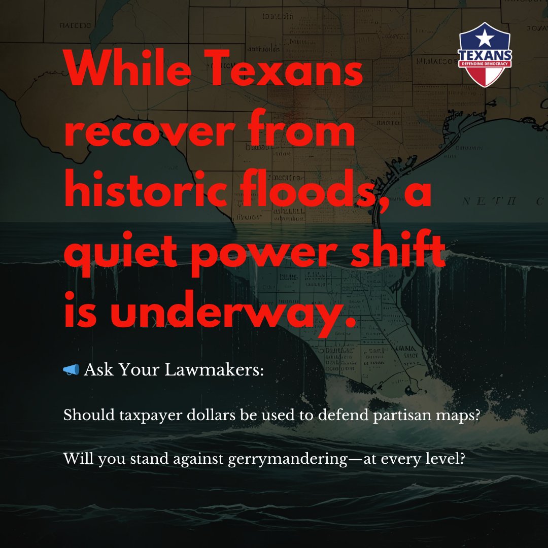 TXNSDD's tweet image. While Texans recover from floods, redistricting was quietly added to the special session agenda.
Flood relief? Urgently needed.
But so is transparency.
📖 Read more & subscribe: texansdefendingdemocracy.substack.com/p/redistrictin…
#TXLege #FloodRecovery #DefendDemocracy