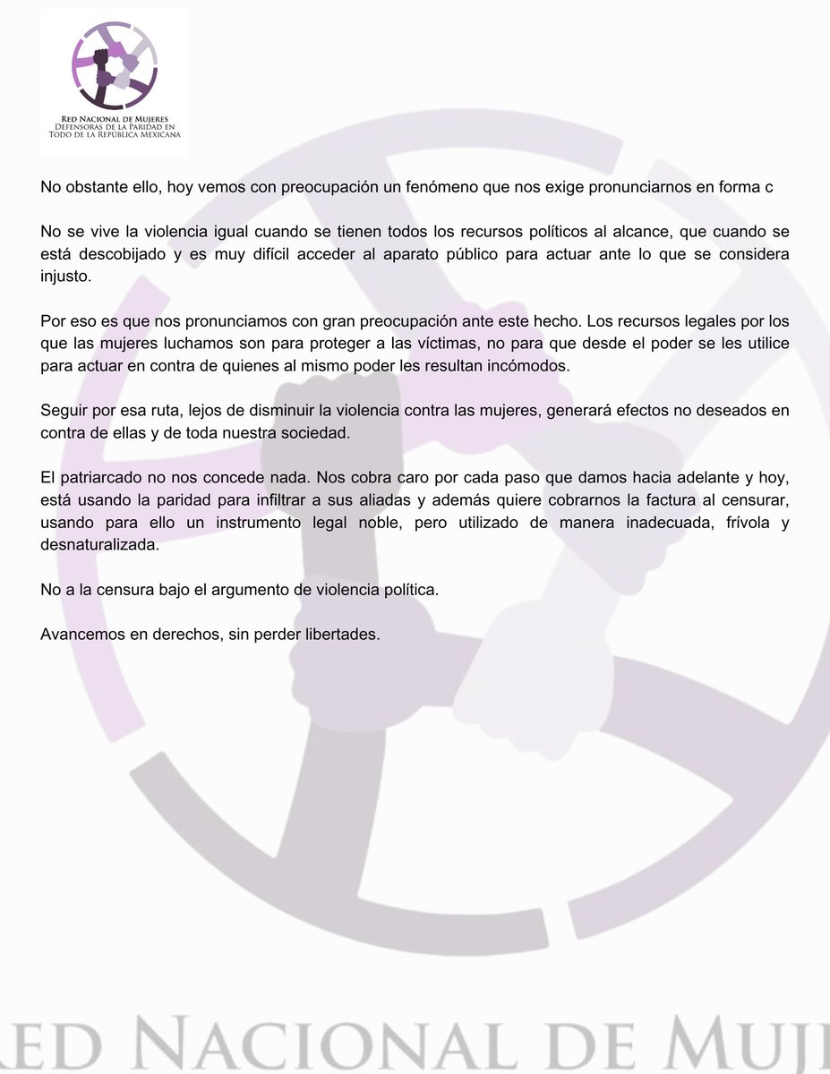 Desde el Capítulo Veracruz de la <a href="/RedNacMDPT/">Red Nacional De Mujeres</a>  rechazamos el uso político que se está dando a la VPGM, que es un recurso de defensa a víctimas y no un instrumento de censura.
Aquí nuestro posicionamiento al respecto:
<a href="/rubysoriano/">Ruby Soriano</a> <a href="/KarlaMaEstrella/">Karla Estrella</a> <a href="/IsabelOrtegaO/">Meripolli Ortega</a> <a href="/article19mxca/">ARTICLE 19 México y Centroamérica</a> 
👇