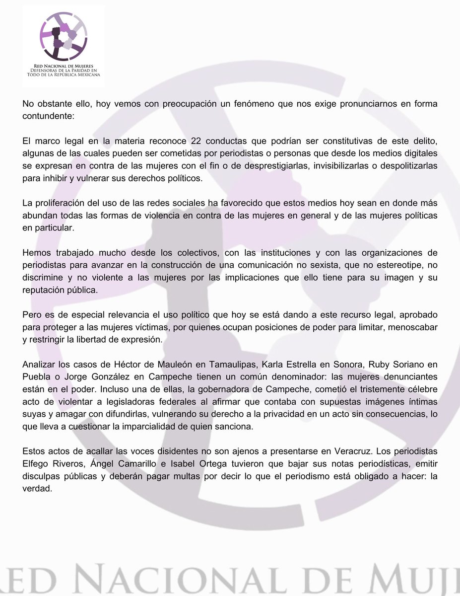 RedParidad_Ver's tweet photo. Desde el Capítulo Veracruz de la @RedNacMDPT  rechazamos el uso político que se está dando a la VPGM, que es un recurso de defensa a víctimas y no un instrumento de censura.
Aquí nuestro posicionamiento al respecto:
@rubysoriano @KarlaMaEstrella @IsabelOrtegaO @article19mxca 
👇 https://t.co/JLvOCnOoO7