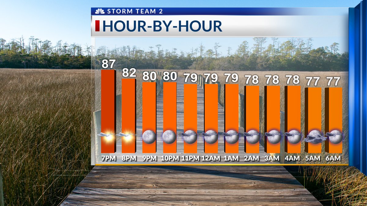 Here is our StormTeam2 Hour by Hour Forecast for Thursday Evening (7-17) and Friday Morning (7-18)....We will only drop into the upper 70's to near 80 degrees. Highs on Friday away from the coast will reach the mid 90's.
#scwx
