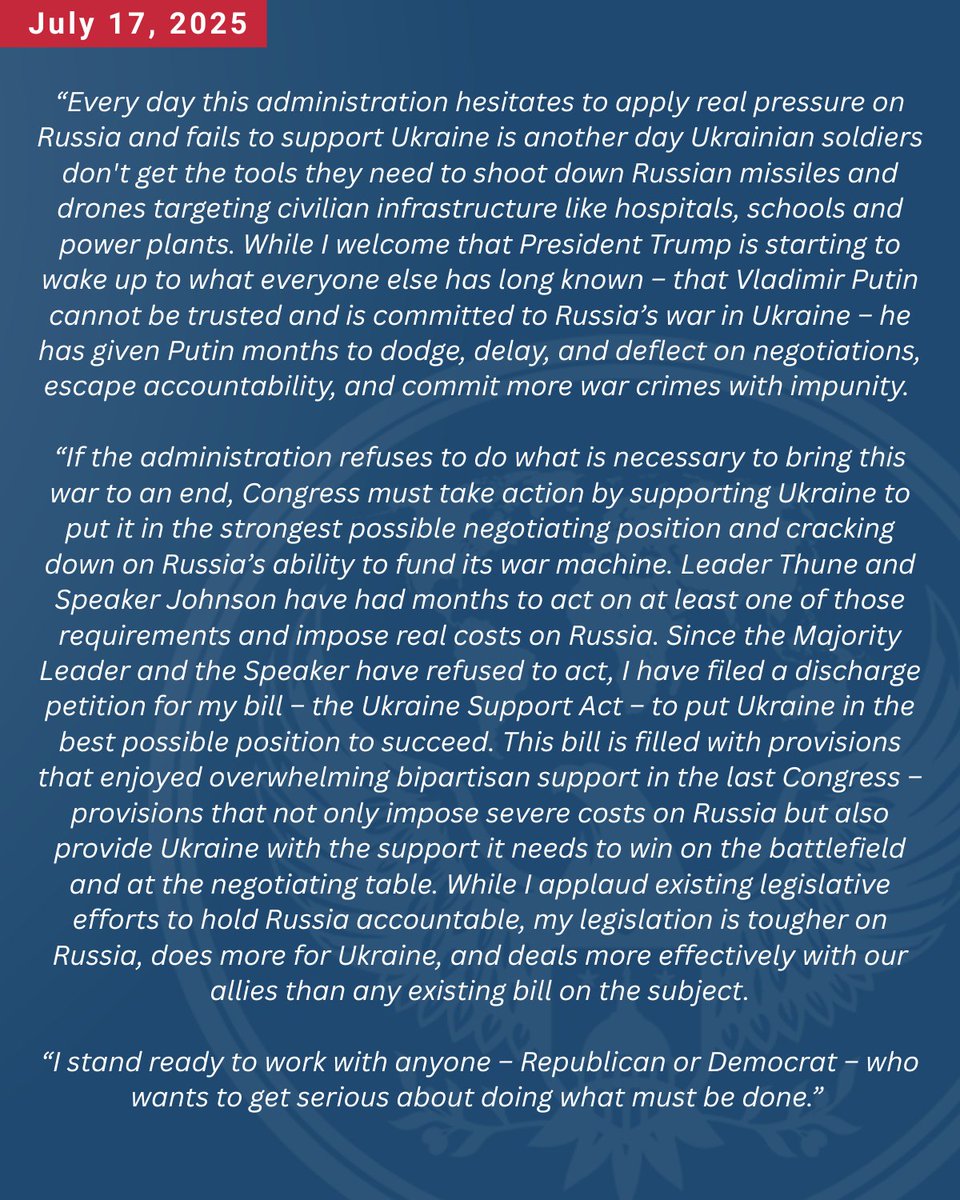 HouseForeign's tweet image. Ranking Member @RepGregoryMeeks filed a discharge petition and is gathering signatures for his Ukraine Support Act.
The bill offers strong sanctions, addresses issues in the Senate’s sanctions legislation, and supports Ukraine assistance and reconstruction.
His statement: