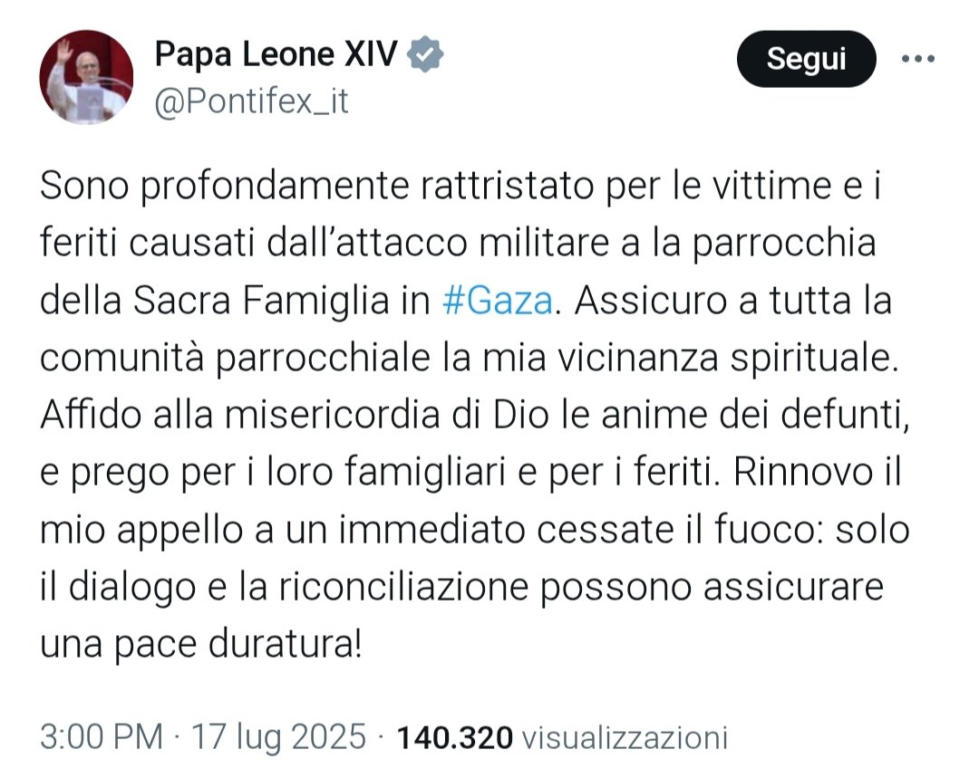 CucchiRiccardo's tweet image. Il cessate il fuoco spetta solo ad #Israele che nemmeno è citato dal Pontefice. Non era un attacco militare. È un crimine contro l'umanità.
Ci sono Papi e Papi. E si capisce perfettamente la differenza tra chi il coraggio della verità lo aveva e chi no.
#Gaza
#SacraFamiglia
