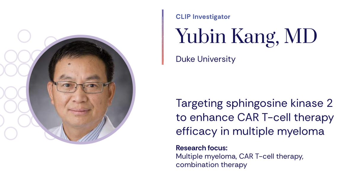 DukeHMCT's tweet image. Congratulations to @DukeCancer faculty Dr. Yubin Kang for his new @CancerResearch CLIP award studying how targeting SK2 can enhance CAR T cell therapy efficacy in multiple myeloma #mmsm
cancerresearch.org/wp-content/upl…