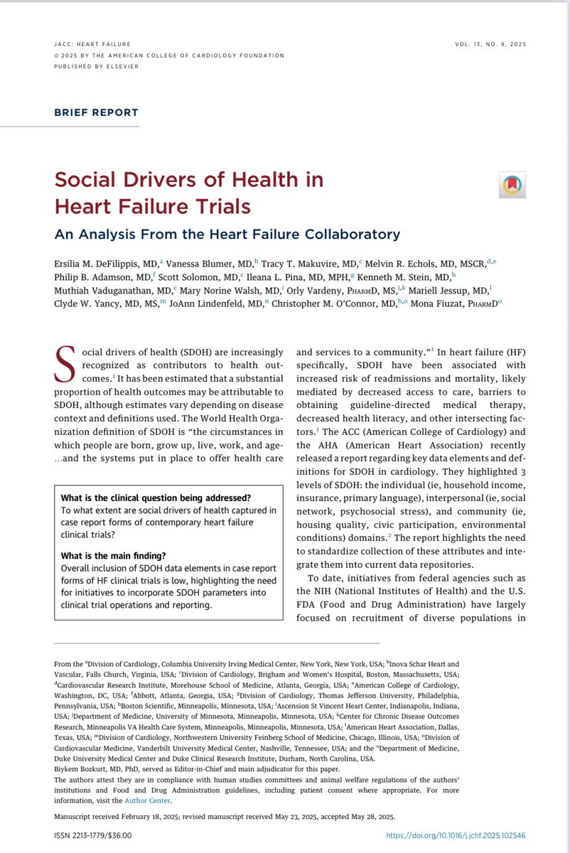 In this analysis from <a href="/hfcollaboratory/">HF Collaboratory</a>, we looked at the collection of SDOH in HF clinical trials and proposed a SDOH lean CRF for use moving forward.

Full paper now in <a href="/JACCJournals/">JACC Journals</a> #JACCHF ➡️ sciencedirect.com/science/articl… 

🧵to follow