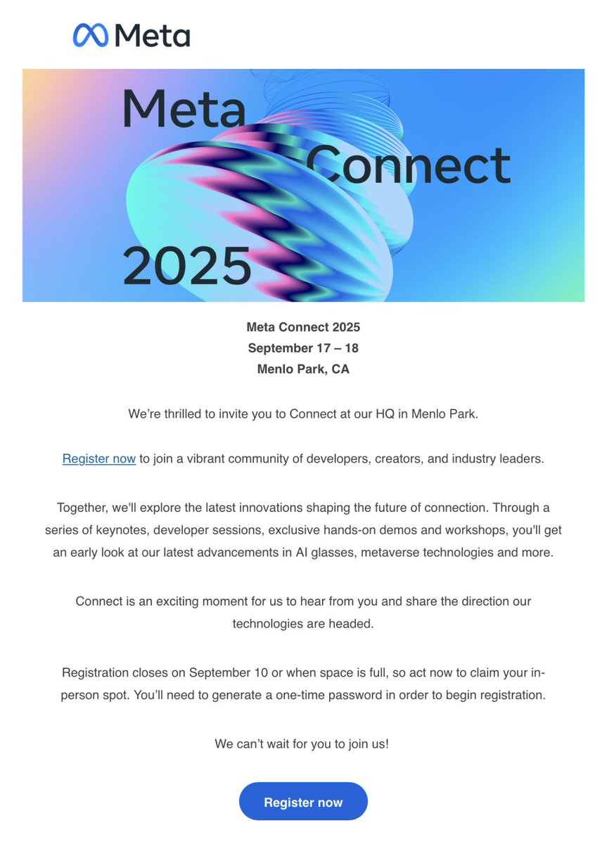Once again, incredibly excited to be the youngest EVER invited to Meta Connect!!!

Looking forward to new releases 👀👓