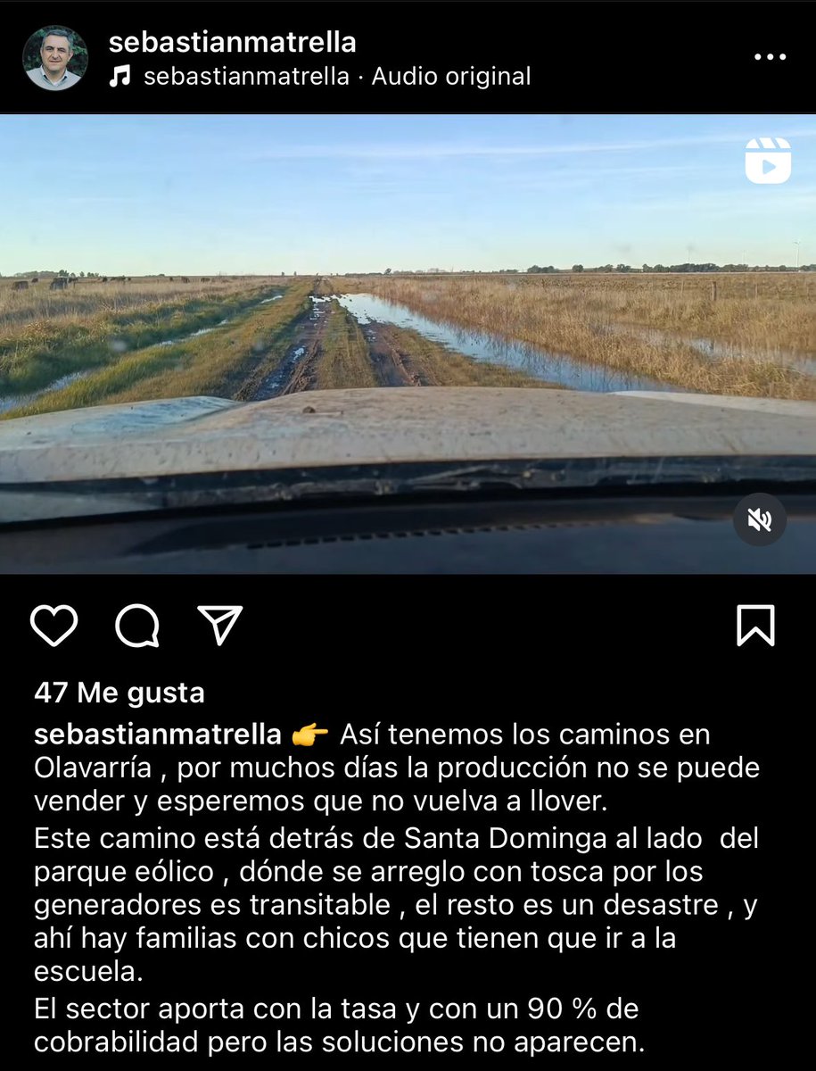 HilarioGalli's tweet photo. El concejal @sebamatrella subió estas imágenes del estado de los caminos rurales, y lamentablemente no se podía esperar que estén de otra manera. Al 30/6 el Municipio llevaba recaudando más de $1.700M en concepto de tasa vial y solo ejecutado $470M. Lo usaron para el aguinaldo?. https://t.co/ted0AY54rB