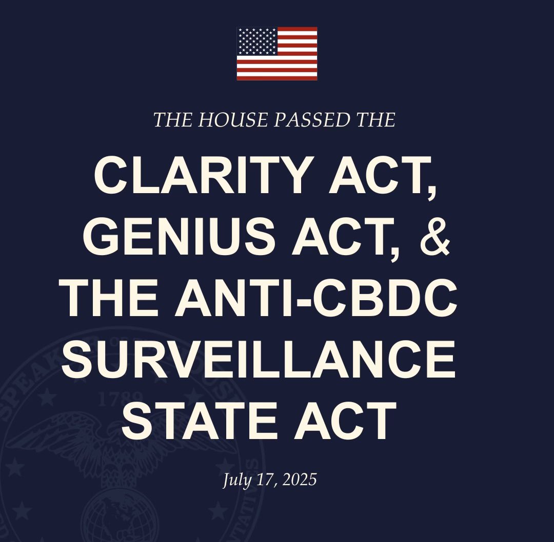 SpeakerJohnson's tweet image. I just signed the landmark legislation passed today by House Republicans to strengthen American crypto innovation.
The CLARITY Act, GENIUS Act, and Anti-CBDC Surveillance State Act deliver on President Trump’s vision to make crypto a core pillar of the U.S. economy and ensure…