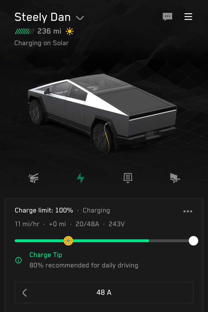 mahkusg's tweet image. Topping off the Cybertruck with some excess off-peak solar before we head out to Tahoe tomorrow. Have enough to make it to Truckee so no need to full charge it today. Will end charging by 5 to send peak solar to the grid.
Never noticed the sun in the charge limit slider before!
