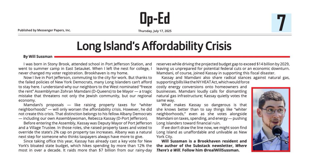 realWillSussman's tweet image. I was born in Stony Brook, attended school in Port Jefferson Station, and went to summer camp in East Setauket. Brookhaven is my home.
But thanks to the failed policies of @NYDems like Assemblywoman Rebecca “Tax-ay,” many Long Islanders can’t afford to stay here.
Link below.