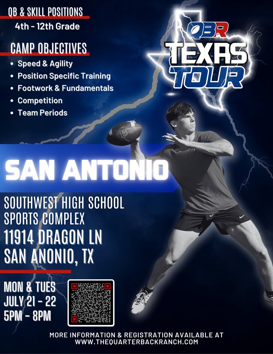 This Monday and Tuesday we will be hosting QBR Texas Tour Camp. Southwest HS Feeders reach out to Coach Franco at afranco@swisd.net for more details. See you Monday!