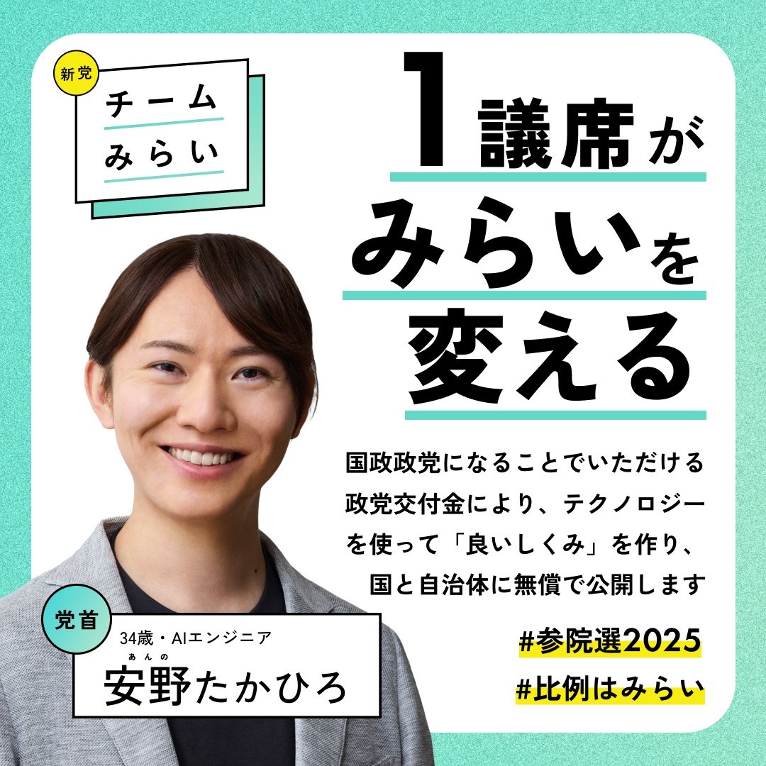 annotakahiro24's tweet photo. 期日前投票はお済みですか？
本日は #参院選2025 投開票日前、最後の平日です。ぜひ期日前投票をご利用ください！

全国どこからでも、安野に投票いただけます。
投票用紙2枚目(比例)は「安野たかひろ」とお書きください✍️

#チームみらい の1議席がみらいを変える！あなたの1票を託してください！
#選挙に行こう #みらいを選ぼう