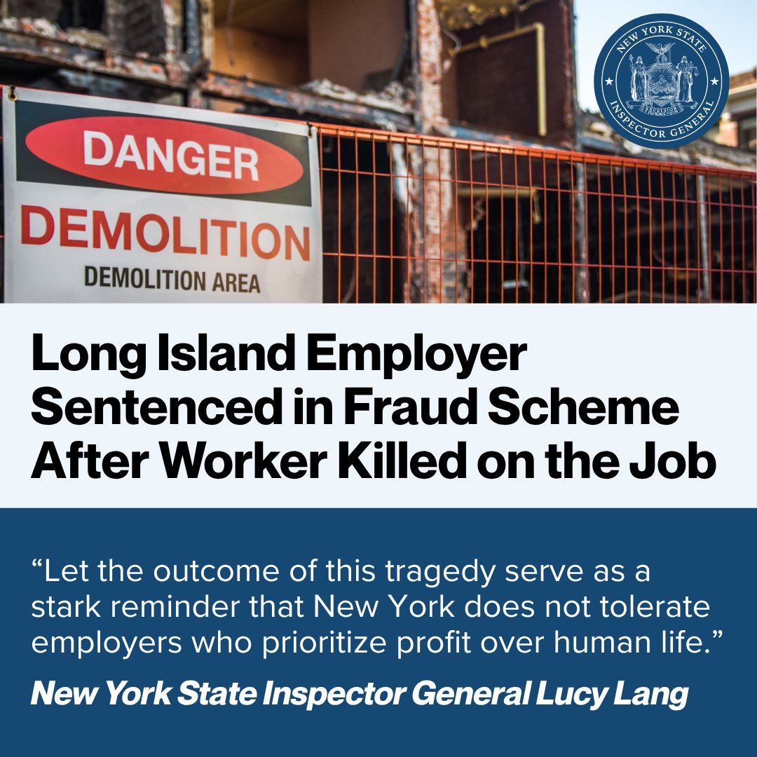 The owner of a construction company was sentenced today to 1 year in prison &amp; ordered to pay over $1.2 million in restitution for his role in a large-scale insurance fraud &amp; tax evasion scheme, which was exposed after a worker was killed on the job.

More: bit.ly/3UgNlKz