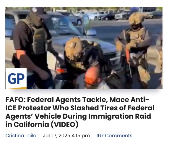 RogerP23486's tweet image. Federal Agents Tackle, Mace Anti-ICE Protestor Who Slashed Tires of Federal Agents’ Vehicle During Immigration Raid in California
Domestic terrorism... 20 years in prison.
From GateWay Pundit:
An anti-ICE protestor got tackled and pepper-sprayed after he slashed tires of the…