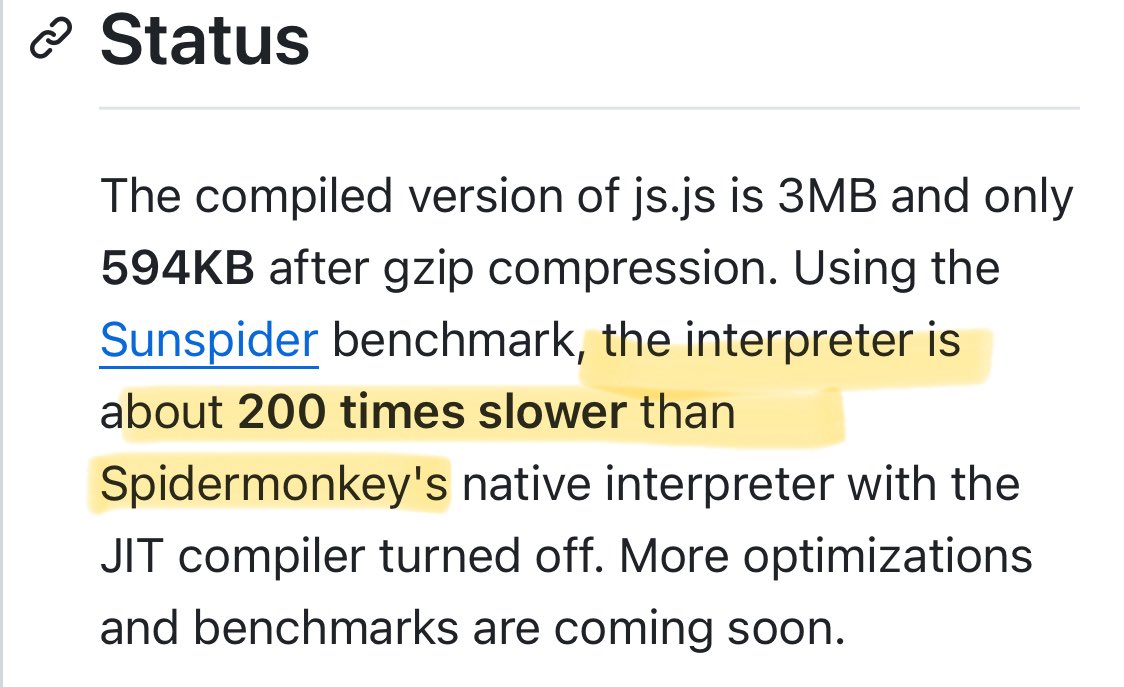 The Lunduke Journal (@lundukejournal) on Twitter photo “js.js is a JavaScript interpreter in JavaScript”
“the interpreter is about 200 times slower than Spidermonkey”
I’m gonna need <a href="/BrendanEich/">BrendanEich</a>’s view on this. 🤣
github.com/jterrace/js.js “js.js is a JavaScript interpreter in JavaScript”
“the interpreter is about 200 times slower than Spidermonkey”
I’m gonna need <a href="/BrendanEich/">BrendanEich</a>’s view on this. 🤣
github.com/jterrace/js.js