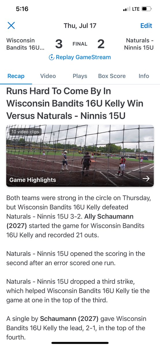 WI Bandits 16U - Kelly 1-0 today in Bracket. Complete Game in the circle by @Softballally31 Bracket play continues tomorrow 12:00 vs. Aces Premier 16U