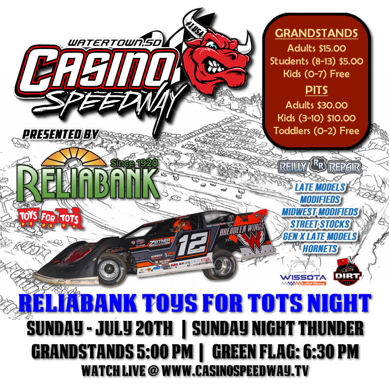 BREAKING: X-Mas in July has Arrived! 
Join us for Toys For Tots Night at the Bullring on Sunday, July 20th! Reliabank presents Racing Action starting 6:30 pm. All Regular Classes + Grandstands Open @ 5 pm - just $15/Adult. - Let's raise  sum $$$! Who's ready to make a difference?