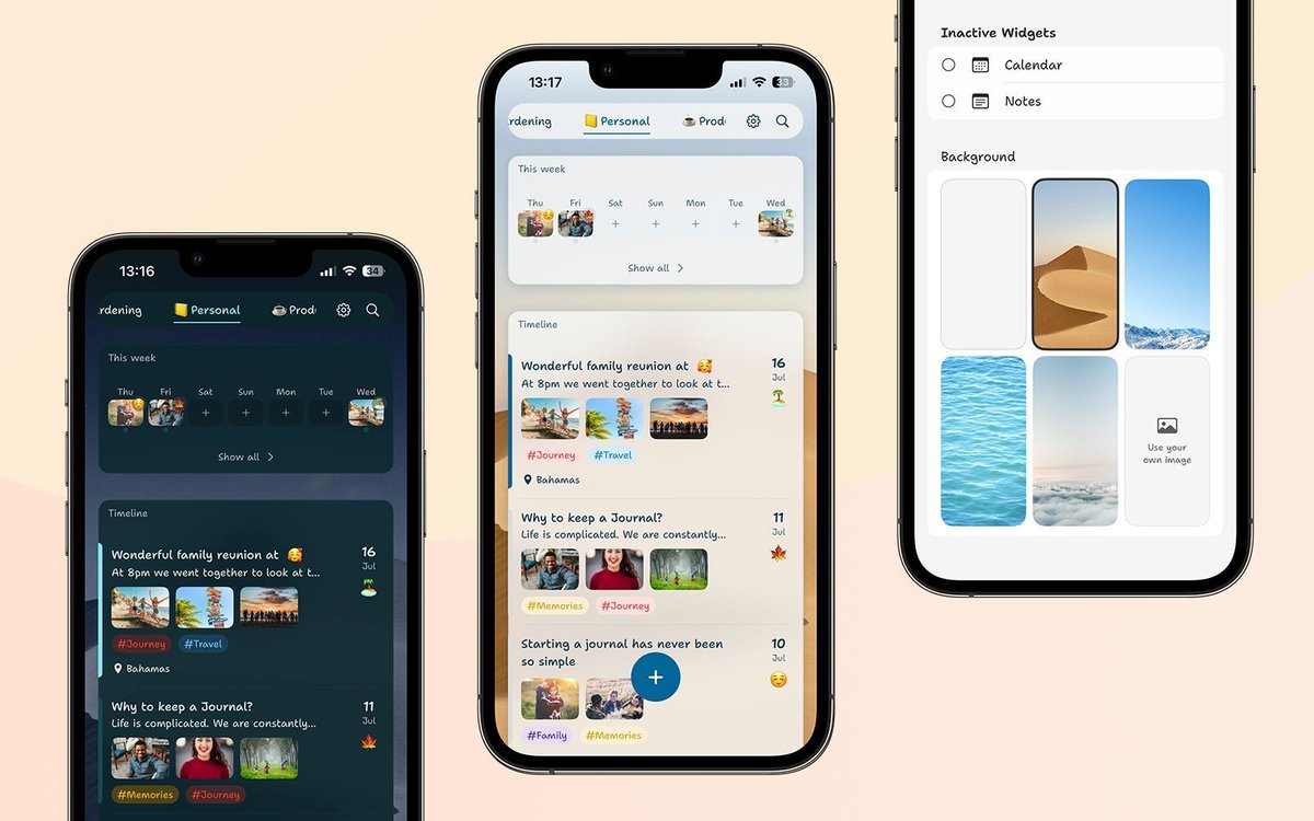 New update! 📣 Now you can give your journal exactly the vibe you need.
In "Customize &amp; Reorder", choose a background – pick one of our suggestions or add your own photo: a place you love, a color that soothes you, an image that motivates you.

Your words, your vibe, your mood.