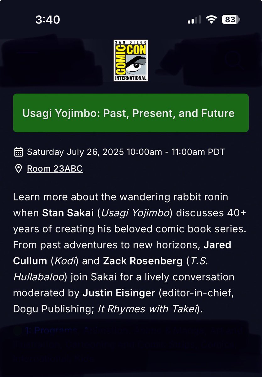 Jared_Cullum's tweet image. Hey friends! I’ve got something big to share! This is my first year attending San Diego Comic Con! Also doing a panel. Join me and my friend Zack Rosenberg as we sit with the absolutely legend, Stan Sakai to discuss all things Usagi Yojimbo, its impact on our work and MUCH more…