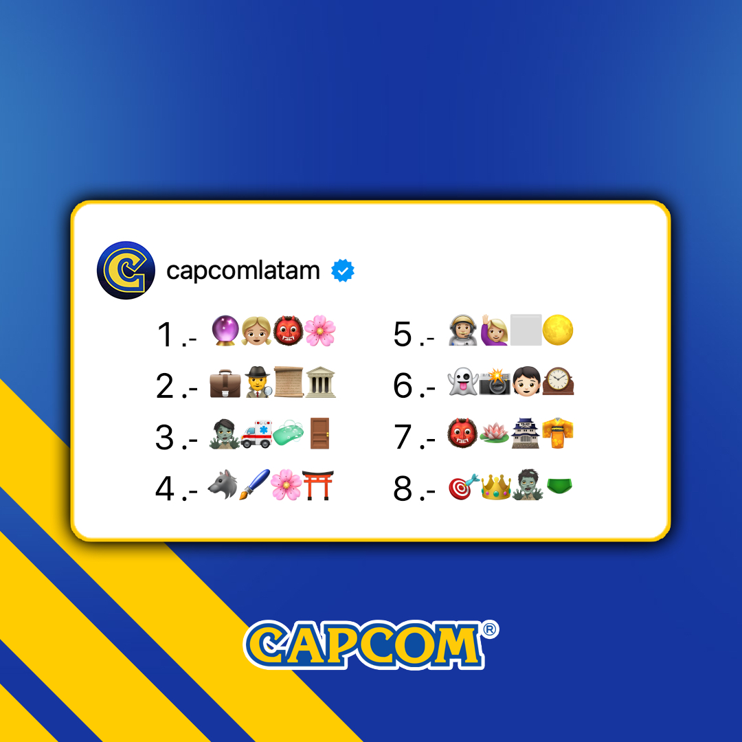 CapcomLatam's tweet image. ¡Feliz #DíaDelEmoji!
Hoy desafiamos sus conocimientos con un reto que solo los verdaderos gamers podrán resolver.
¿Pueden adivinar estos juegos solo con emojis? 🧠🎮
💬 Esperamos sus respuestas en los comentarios.
(Spoiler: no son tan obvios como parecen 😉)