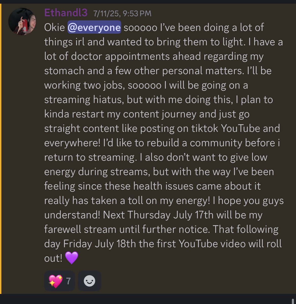Ethandl4's tweet image. Farewell stream happening rn 💜 I’ll be back when things get better with irl health 💜 twitch.tv/EthanDL3