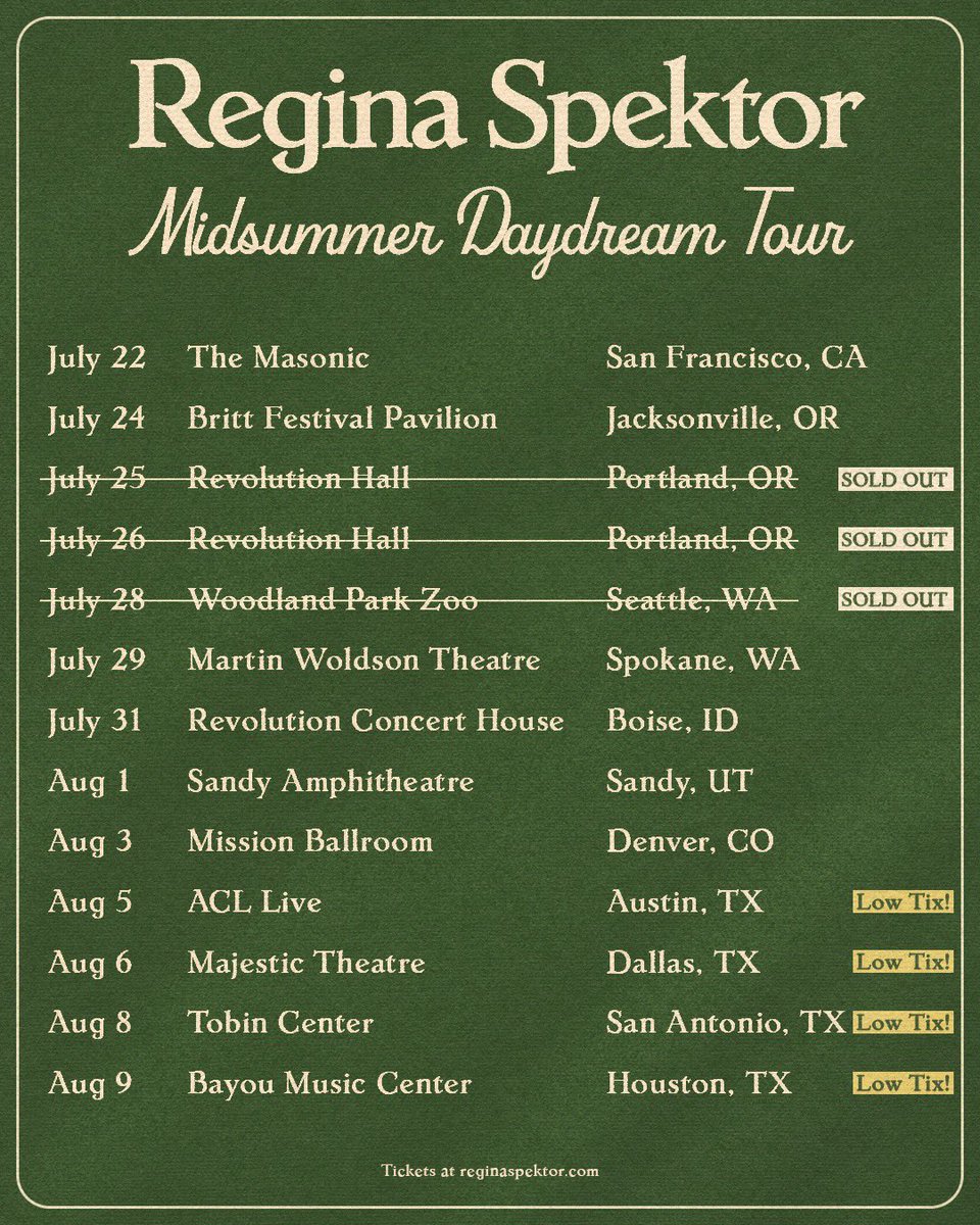 Regina Spektor (@respektor) on Twitter photo Tour begins next week, (!!🥳!!) so we’re giving away a few last minute tickets to celebrate! Enter here: laylo.com/reginaspektor/…
Ends 7/21 (San Francisco, I can’t wait to play for you 7/22! ✨) Been practicing all your requests & more 🎶 See ya on the road!
📸 <a href="/danielryanvideo/">Daniel Ryan</a> Tour begins next week, (!!🥳!!) so we’re giving away a few last minute tickets to celebrate! Enter here: laylo.com/reginaspektor/…
Ends 7/21 (San Francisco, I can’t wait to play for you 7/22! ✨) Been practicing all your requests & more 🎶 See ya on the road!
📸 <a href="/danielryanvideo/">Daniel Ryan</a>