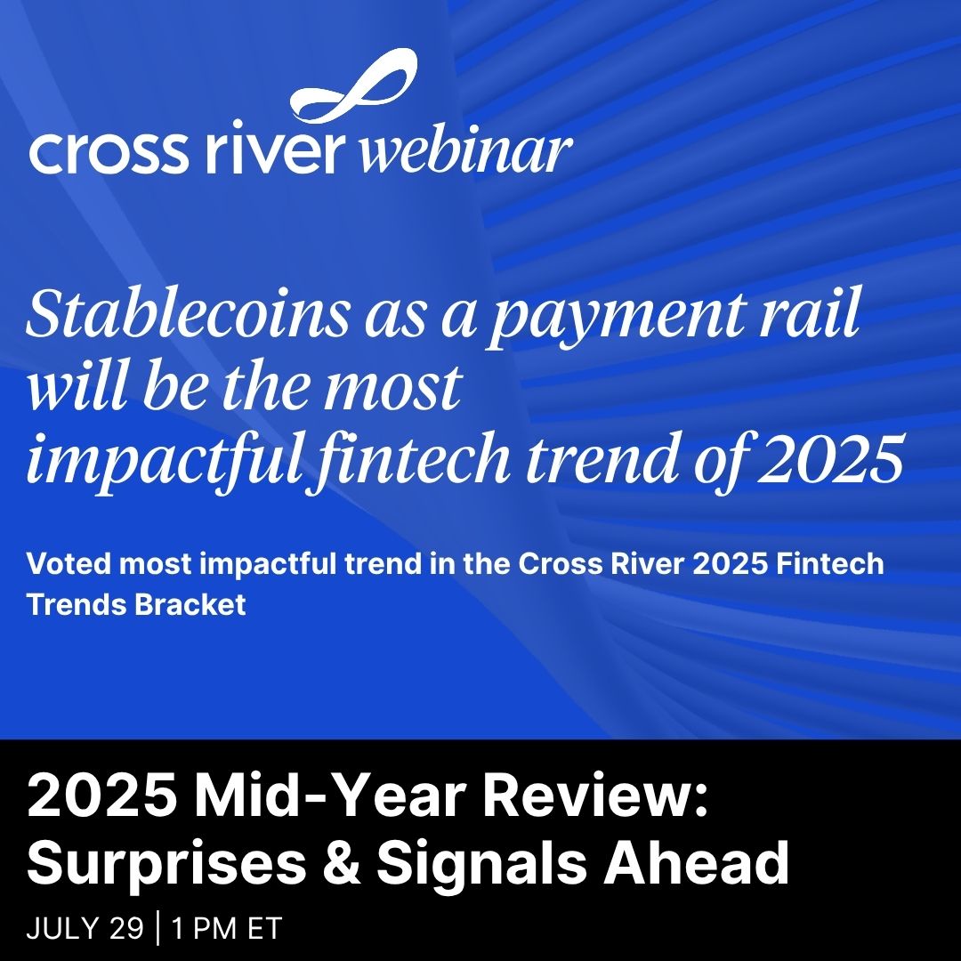 Earlier this year, you voted: Stablecoins are 2025’s most impactful fintech trend. 🪙

On July 29 at 1 PM ET, Cross River leadership breaks down this trend, what’s happening now, and what’s next for stablecoins in the payments ecosystem.

🔗 Register: hubs.la/Q03wT-Zg0