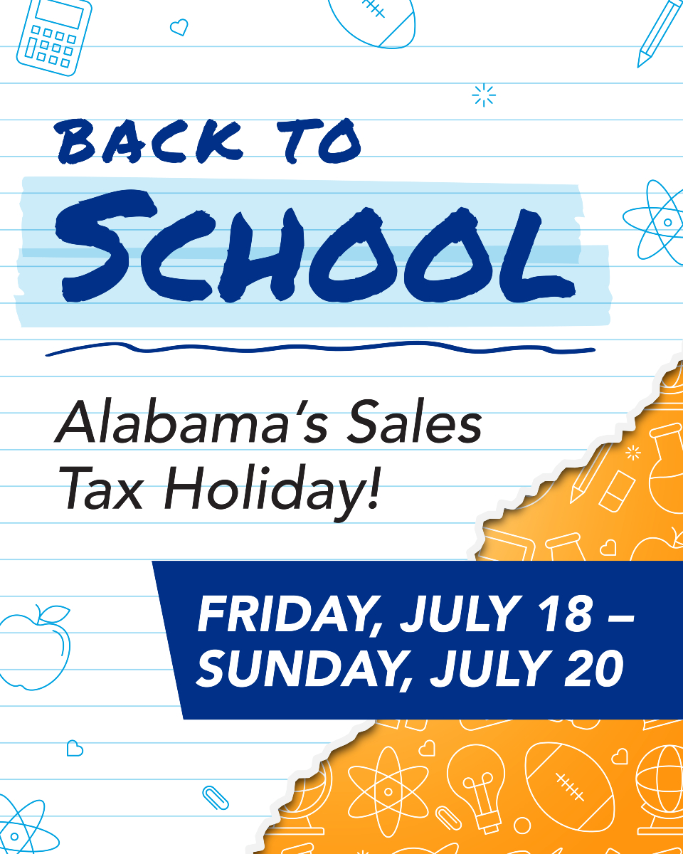 Tax-free weekend is HERE, Alabama! ✂️🎒Snag school supplies, electronics, and clothes without the extra tax July 18–21. Let the back-to-school shopping begin! #redstonefcu #rfcu #taxfree #backtoschool #schoolsupplies