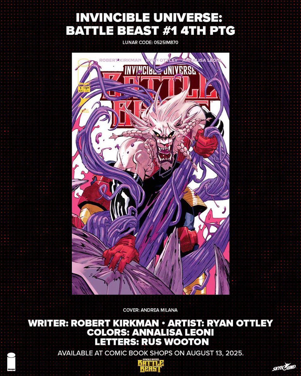 Skybound's tweet image. Today Skybound and Image Comics announced that the chart-topping Invincible Universe: Battle Beast #1, which has sold well over 400,000 copies worldwide, has once again sold out at the distributor level and will return with a fourth printing to meet the demand that is as…