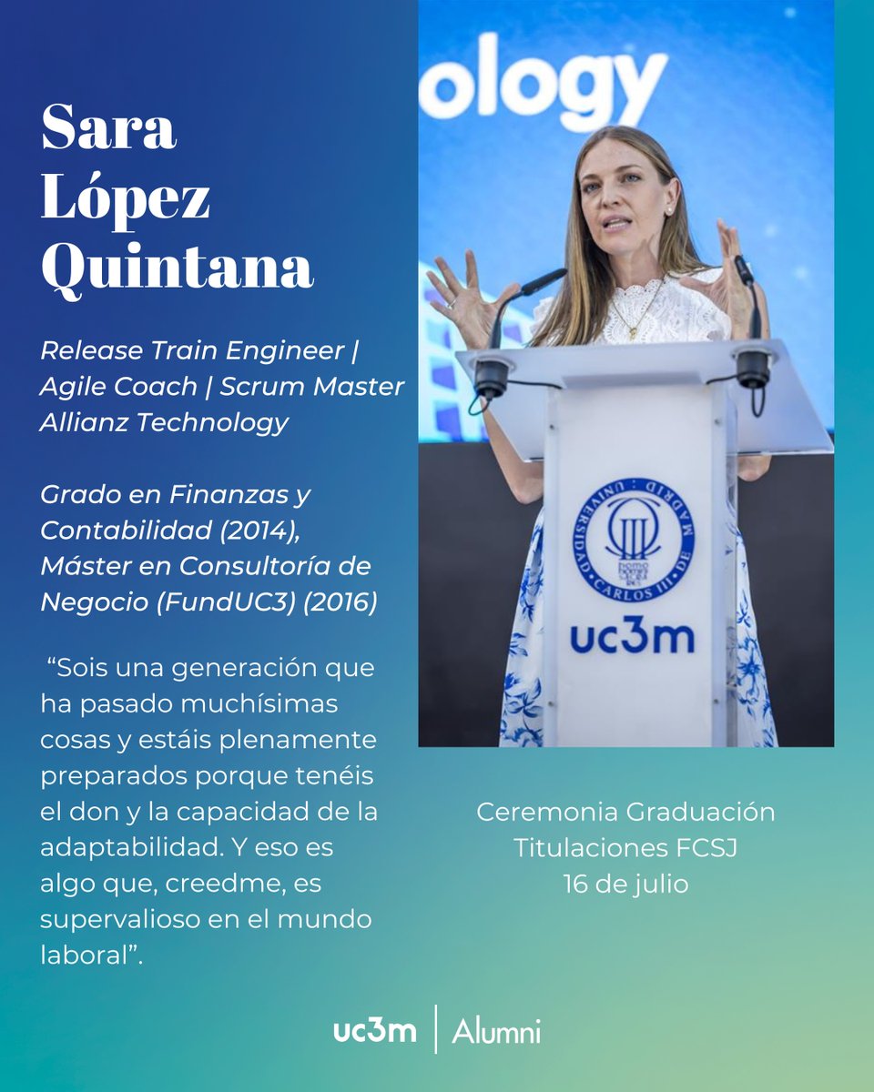 alumniUC3M's tweet image. 🎓 Nuestra #AlumniUC3M Sara López Quintana, graduada en Finanzas y Contabilidad y del Máster en Consultoría de Negocio, participó el 16 de julio en la Ceremonia de Graduación de las titulaciones de la Facultad de Ciencias Sociales y Jurídicas.
¡Bienvenid@s a #AlumniUC3M!💙