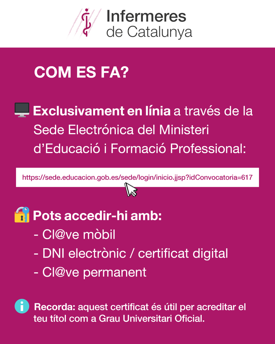 CatInfermeres's tweet photo. 🎓 Convalidació de la Diplomatura a Grau d’Infermeria  

T’expliquem com obtenir el certificat que acredita l’equivalència entre els títols universitaris oficials ‘pre-Bolonya’ i el nivell de Grau del MECES (Marc Espanyol de Qualificacions per a l’Educació Superior).

📌 Com es fa?  
🖥️ Exclusivament en línia a través de la Sede Electrónica del Ministeri d’Educació i Formació Professional:  
👉 https://t.co/K2CZrjfkal

🔐 Pots accedir-hi amb:

- Cl@ve mòbil
- DNI electrònic / certificat digital
- Cl@ve permanent

ℹ️ Recorda: aquest certificat és útil per acreditar el teu títol com a Grau universitari oficial.

#infermeresdiemprou #infermeresdecatalunya #infermeres #diplomatura #convalidaciograu #prebolonya