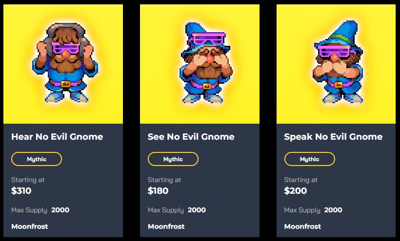 The 'No Evil' Gnomes are already commanding top dollar! You have a change to get your hands on them for FREE by taking part in the new social questing. quests.moonfrost.io